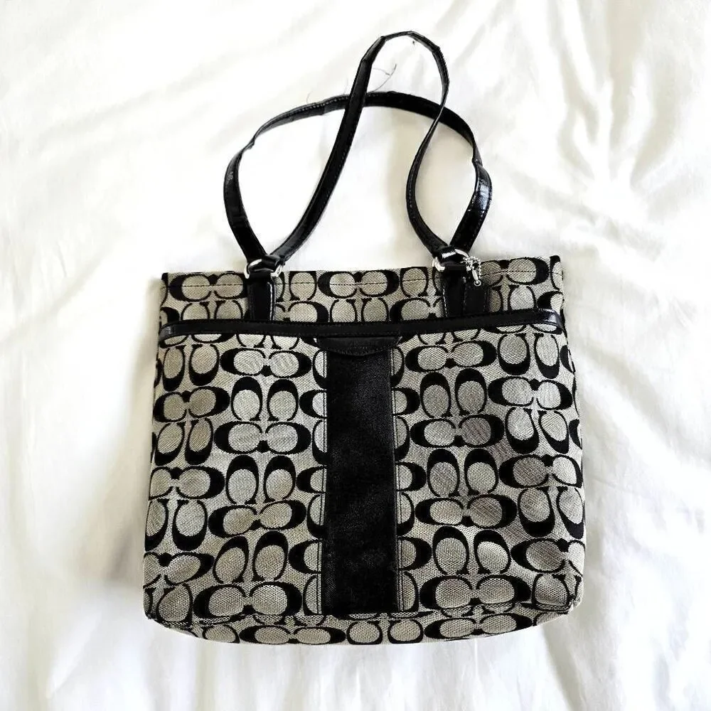 Coach NY Women's Medium Black Gray Canvas Leather Strap Stylish Tote Handbag